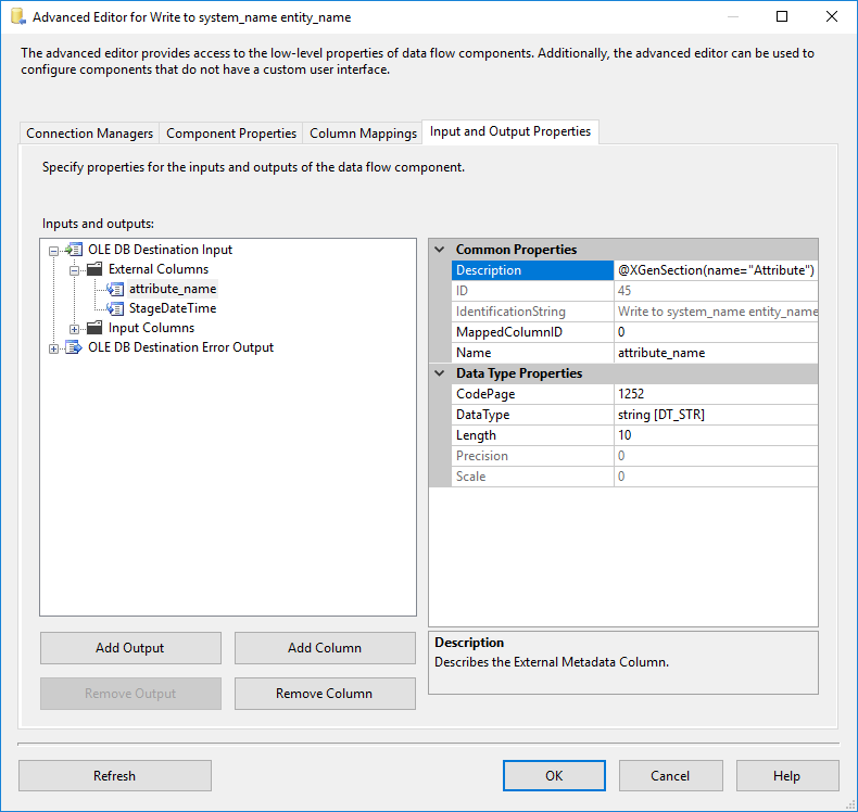 Template Destination Input and Output Properties - External Columns