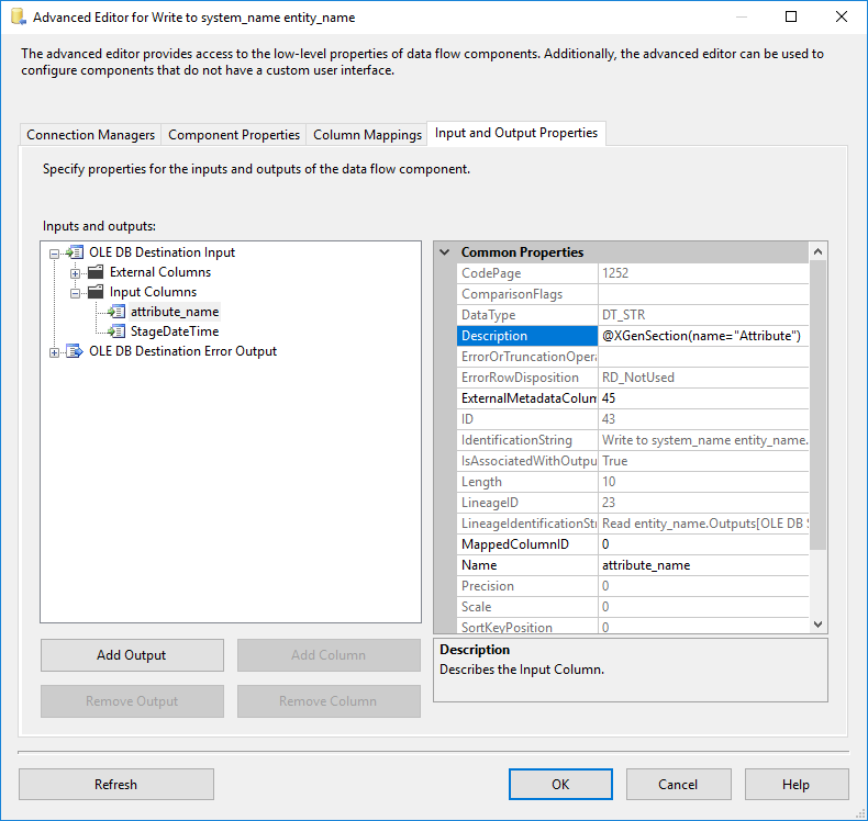 Template Destination Input and Output Properties - Input Columns