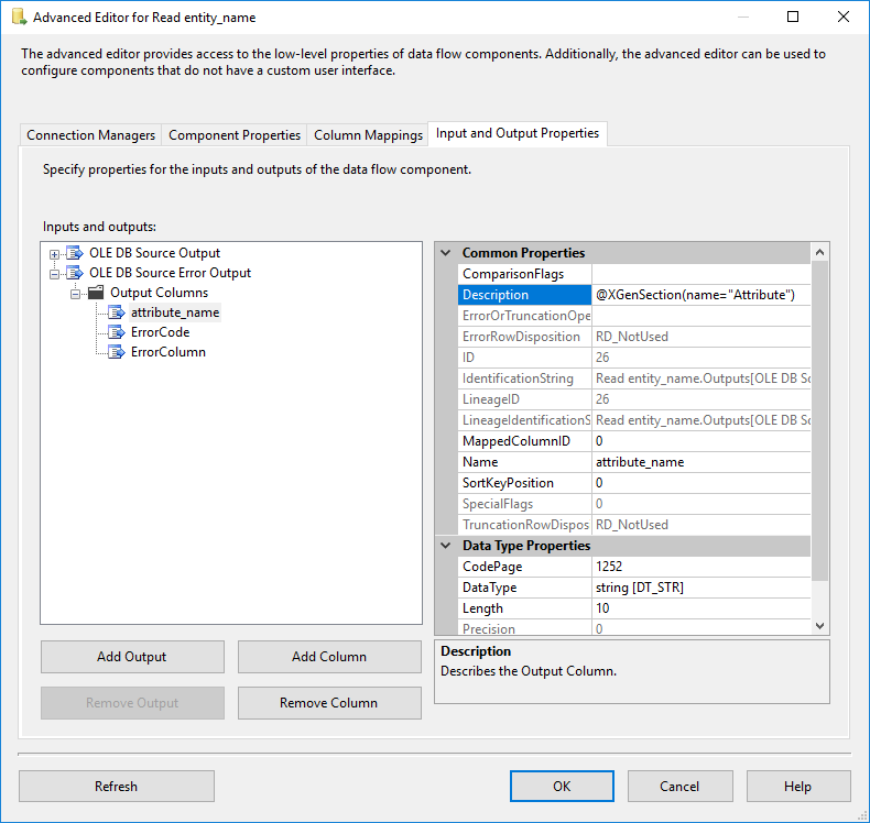 Template Source Input and Output Properties - Error Output Columns