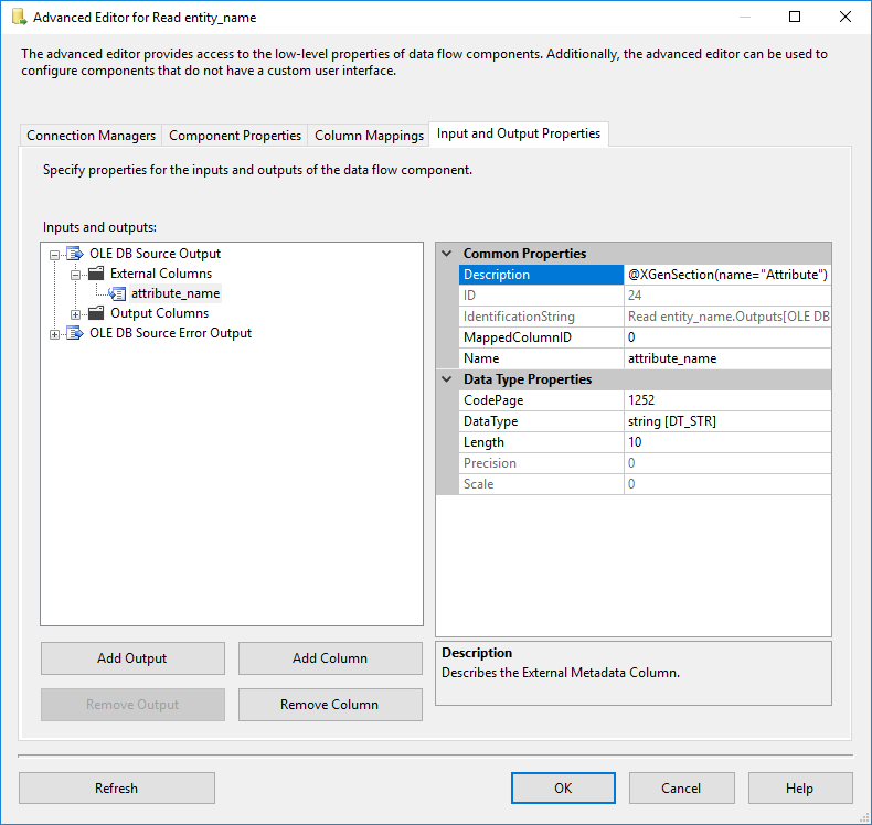 Template Source Input and Output Properties - External Columns