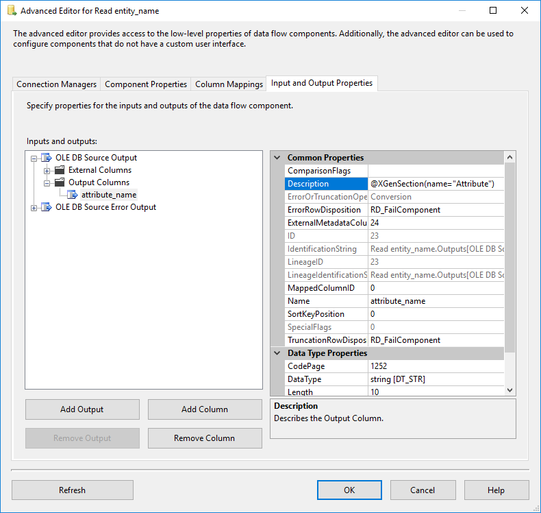 Template Source Input and Output Properties - Output Columns