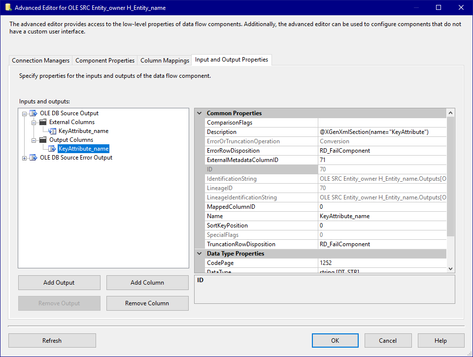 Template Source Input and Output Properties - Output Columns