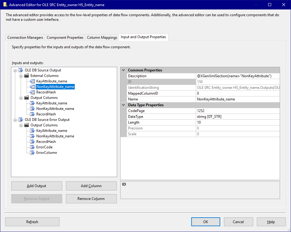 Template Source Input and Output Properties - External Columns