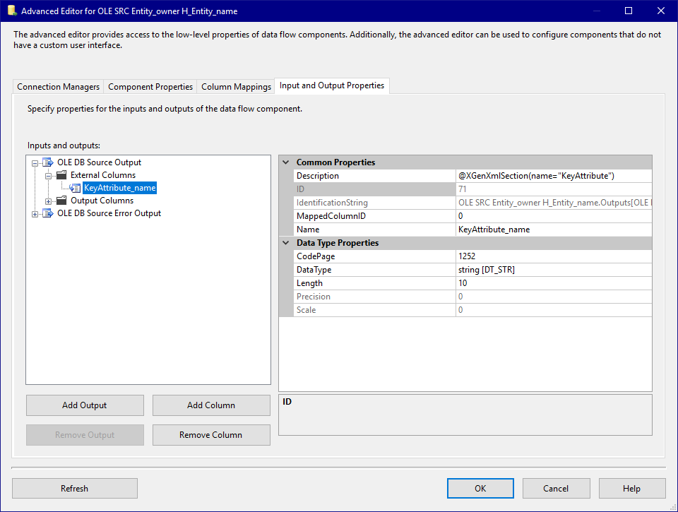 Template Source Input and Output Properties - External Columns