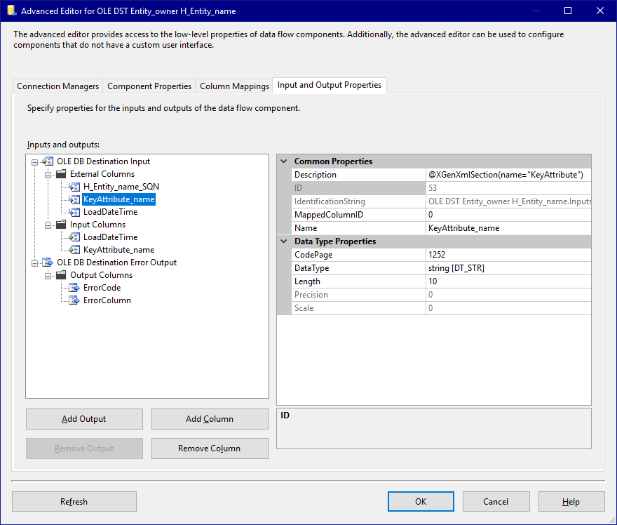 Template Destination Input and Output Properties - External Columns