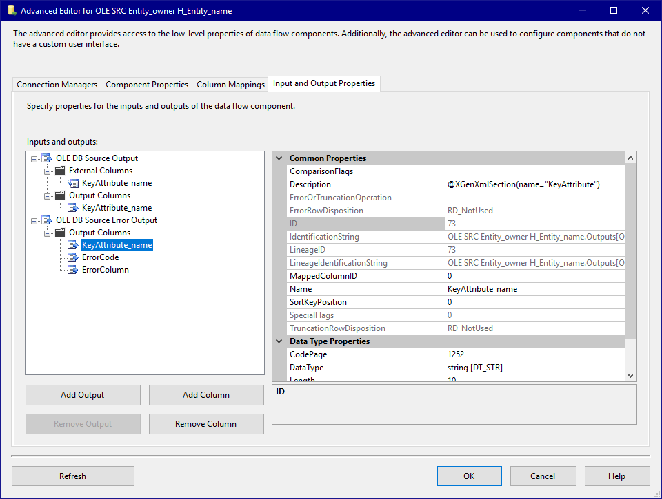 Template Source Input and Output Properties - Error Columns