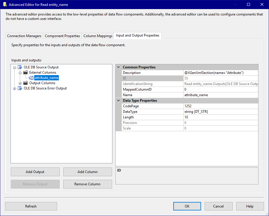 Template Source Input and Output Properties - External Columns