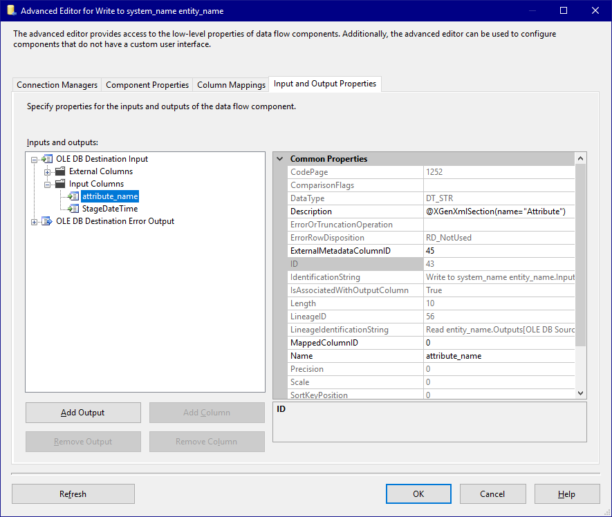 Template Destination Input and Output Properties - Input Columns