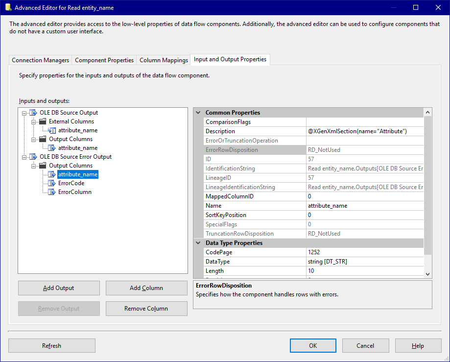 Template Source Input and Output Properties - Error Output Columns