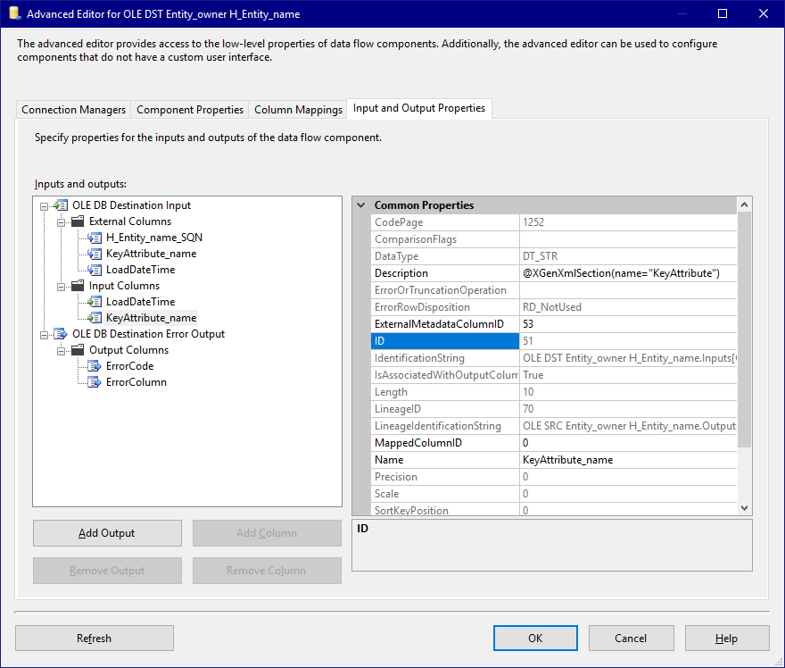 Template Destination Input and Output Properties - Input Columns